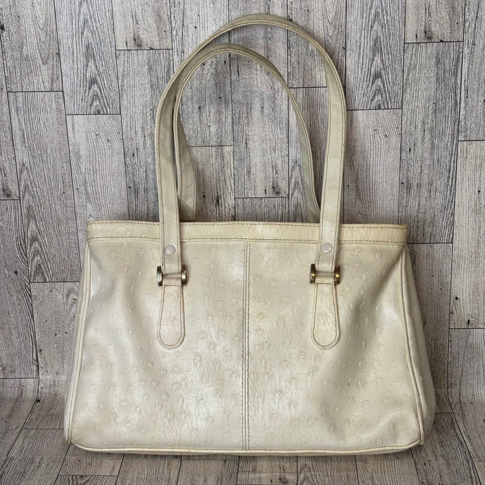Bueno Vintage 70s Cream Faux Ostrich Leather Embossed Tote Handbag Satchel Purse